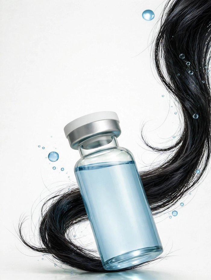 Vial of exosome serum resting in a swirl of thick, healthy hair