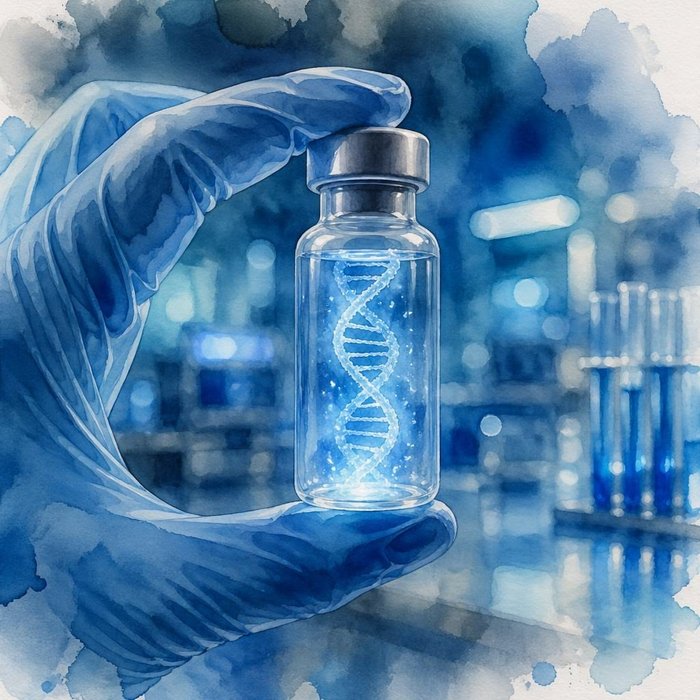 Gloved hand holding a vial of exosomes inside a research laboratory