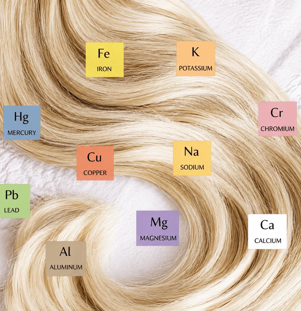 Strand of hair labelled with the minerals and heavy metals HTMA measures — iron, potassium, chromium, mercury, copper, sodium, lead, magnesium, calcium and aluminium