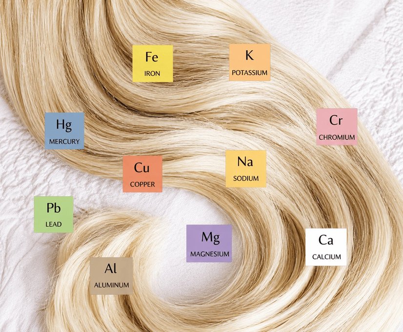 Strand of hair labelled with the minerals and heavy metals HTMA measures — iron, potassium, chromium, mercury, copper, sodium, lead, magnesium, calcium and aluminium