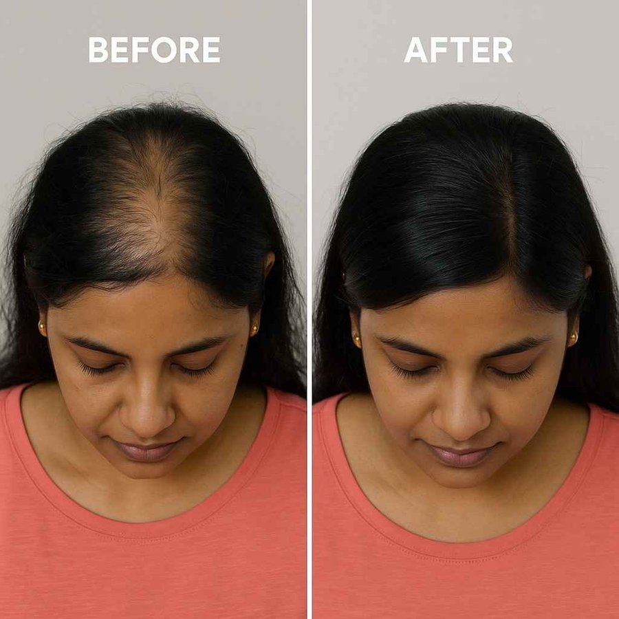 Before and after hair restoration showing restored density at the part