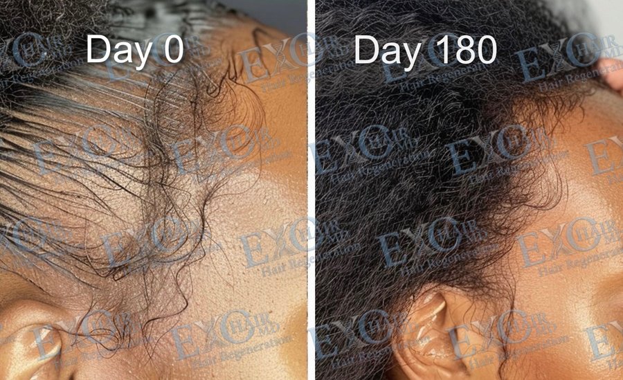 Before and after exosome therapy regrowing a thinning temple and edges at day 180
