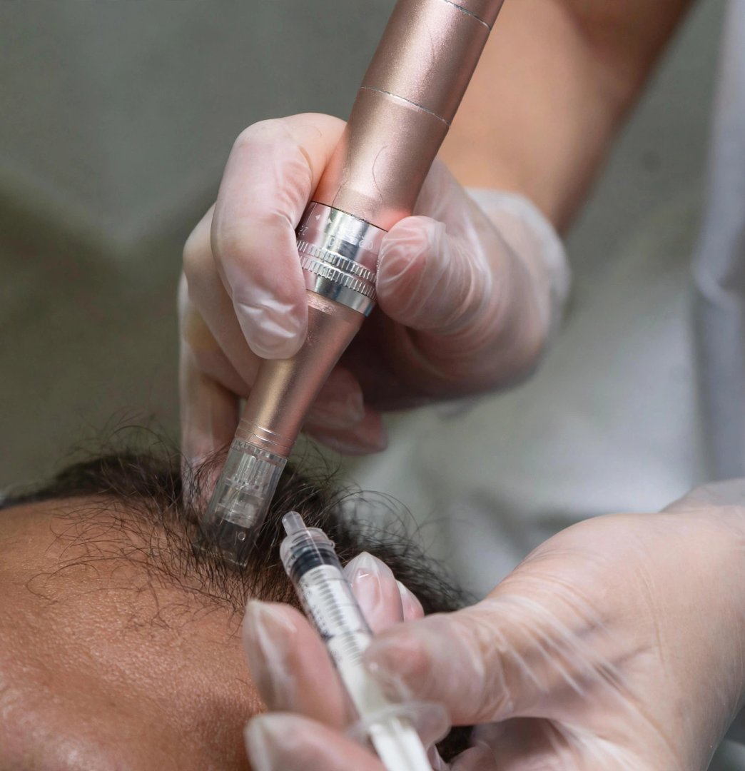 Provider performing a microneedling scalp treatment with exosomes