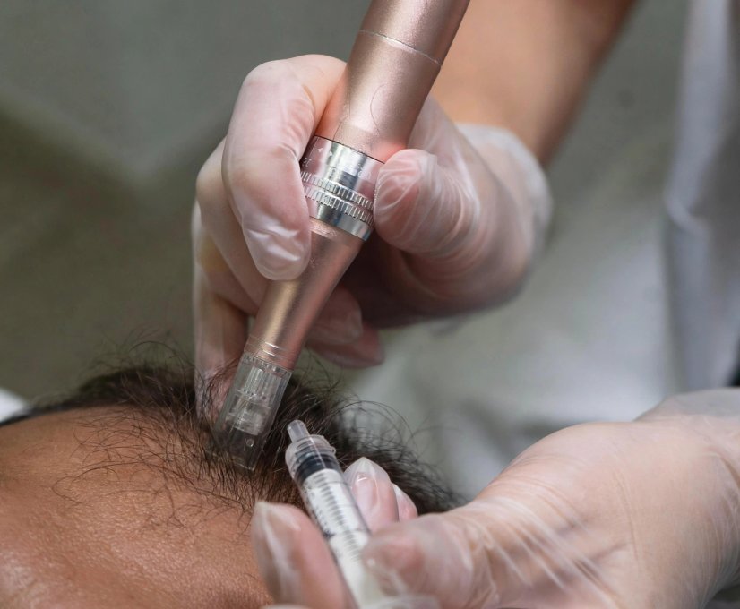 Provider performing a microneedling scalp treatment