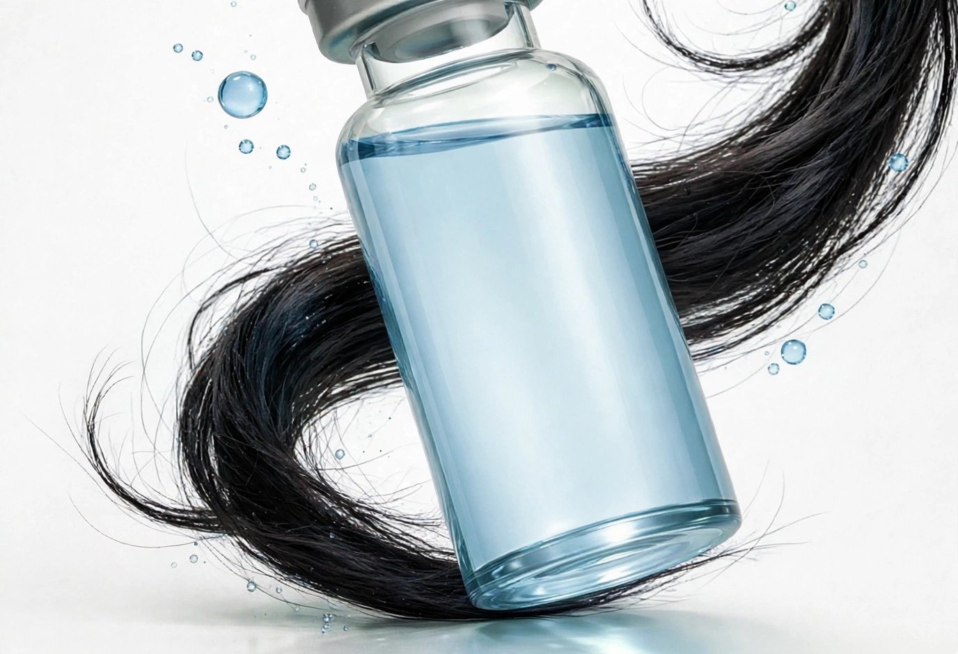 A vial of medical-grade exosome serum resting in a swirl of thick, healthy hair