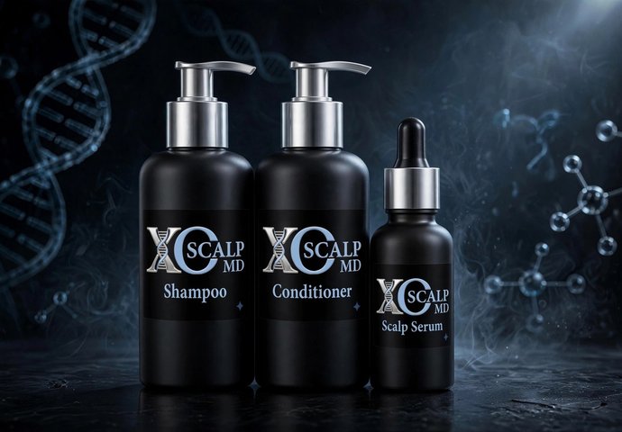 XOSCALP MD shampoo, conditioner and scalp serum bottles
