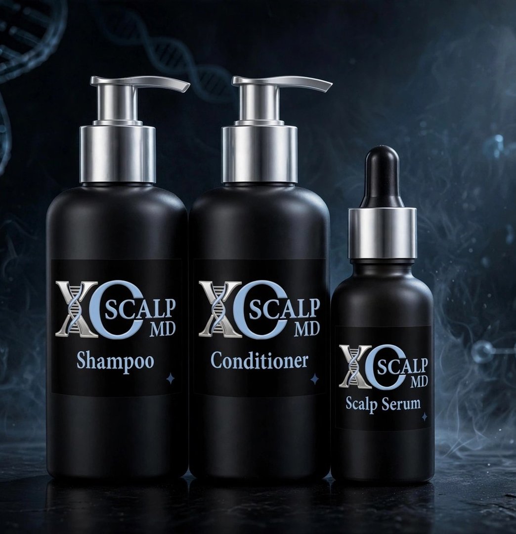 XOSCALP MD shampoo, conditioner and scalp serum bottles